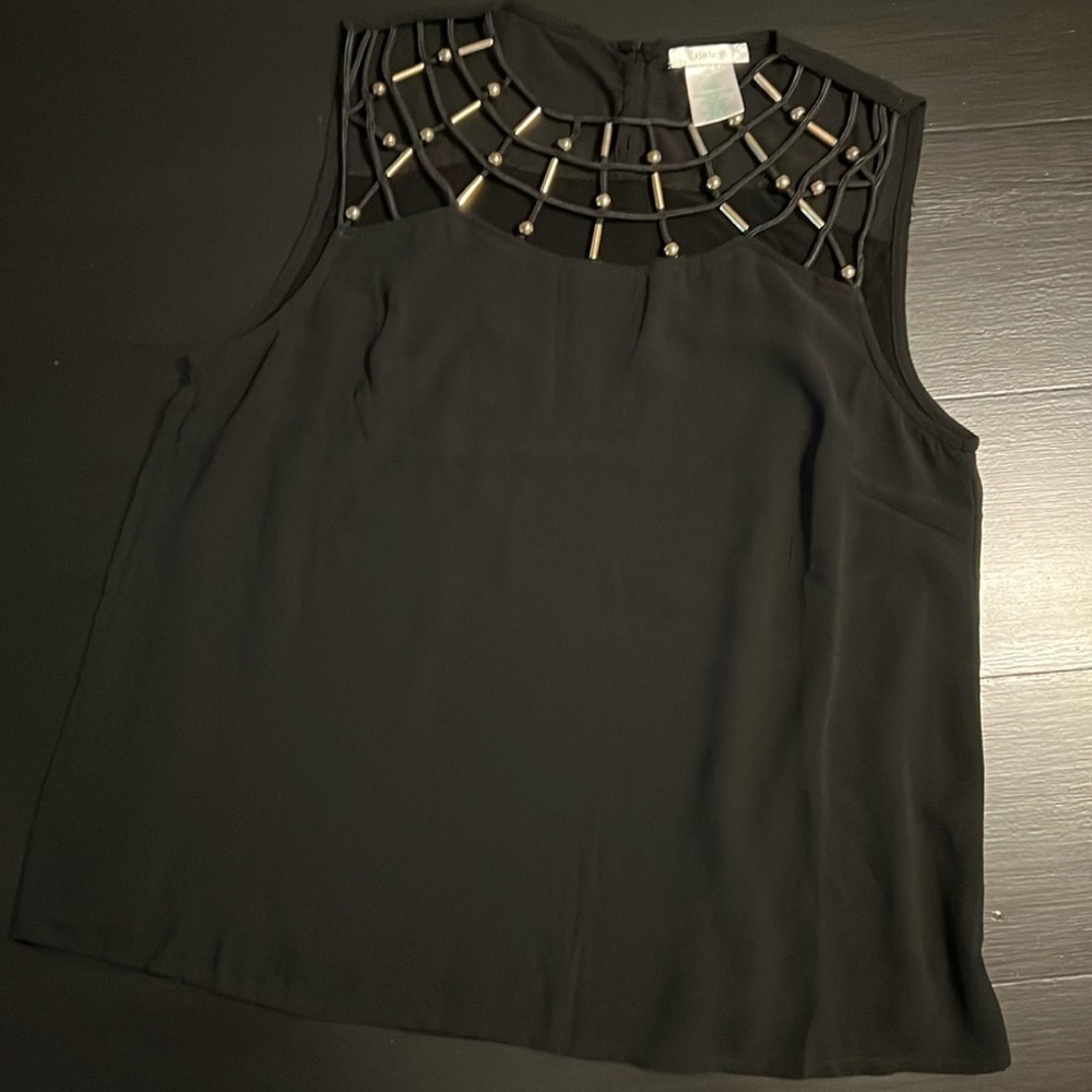 Esley Womens Beaded Neck Sleeveless Blouse Black Gold Accent Top‎ Size M